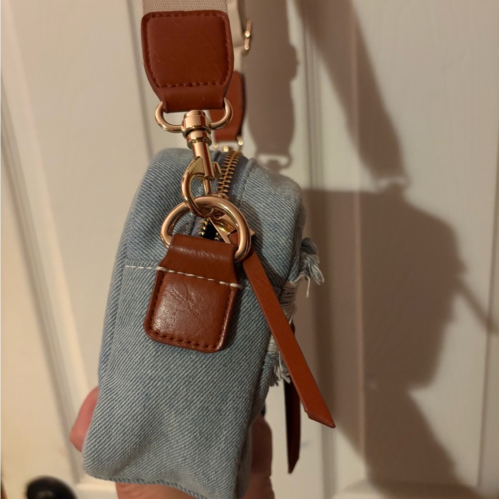 Denim Camera Crossbody Bag with Tan Strap - Picture 6 of 10